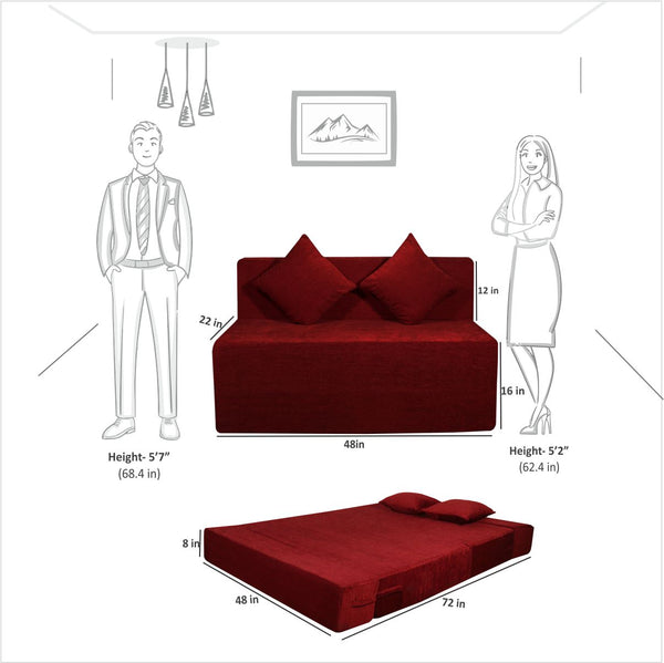 Rejoice Sofa Cum Bed - 2 Seater, Plain Cushion ( Premium Molfino Fabric, Maroon )
