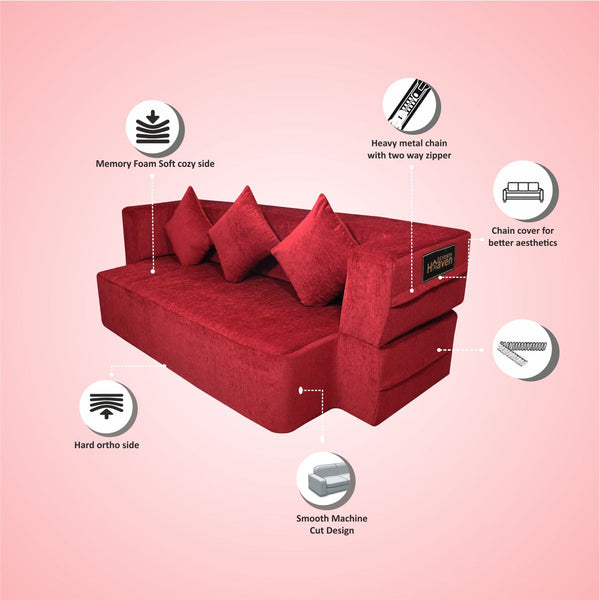 Flipper X Sofa Cum Bed (Memory Foam)- 3 Seater, Plain Cushions (Premium Molfino Fabric- Maroon )
