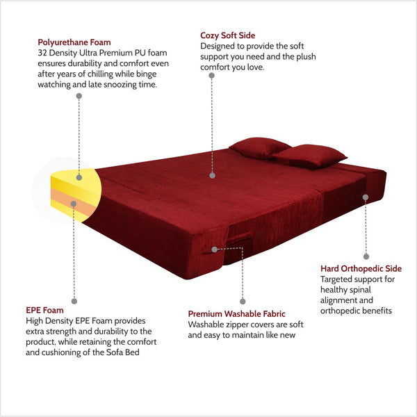 Rejoice Sofa Cum Bed - 2 Seater, Plain Cushion ( Premium Molfino Fabric, Maroon )