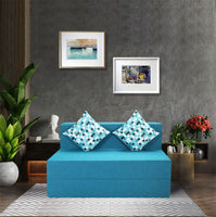 sky blue jute fabric 6 4 sofa cum bed with printed cushion
