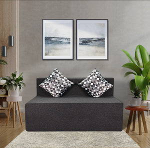 Rejoice Sofa Cum Bed - 2 Seater, Printed Cushion ( Jute Fabric, Dark Grey )