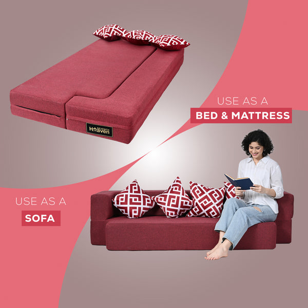 Flipper X Sofa Cum Bed - 4  Seater, Printed Cushion ( Jute Fabric, Maroon )